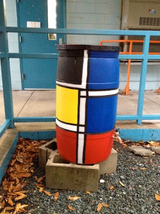 Mondrian inspired rain barrel-in place!